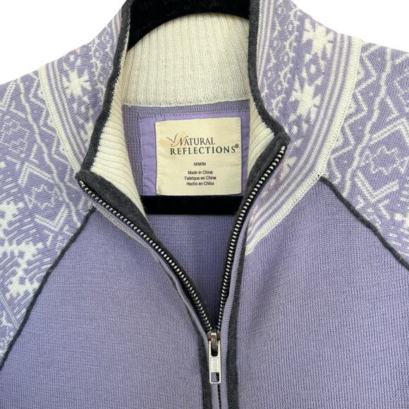 Natural Reflections Purple + White Merino Wool Fair Isle Cardigan Size Medium - Picture 3 of 5
